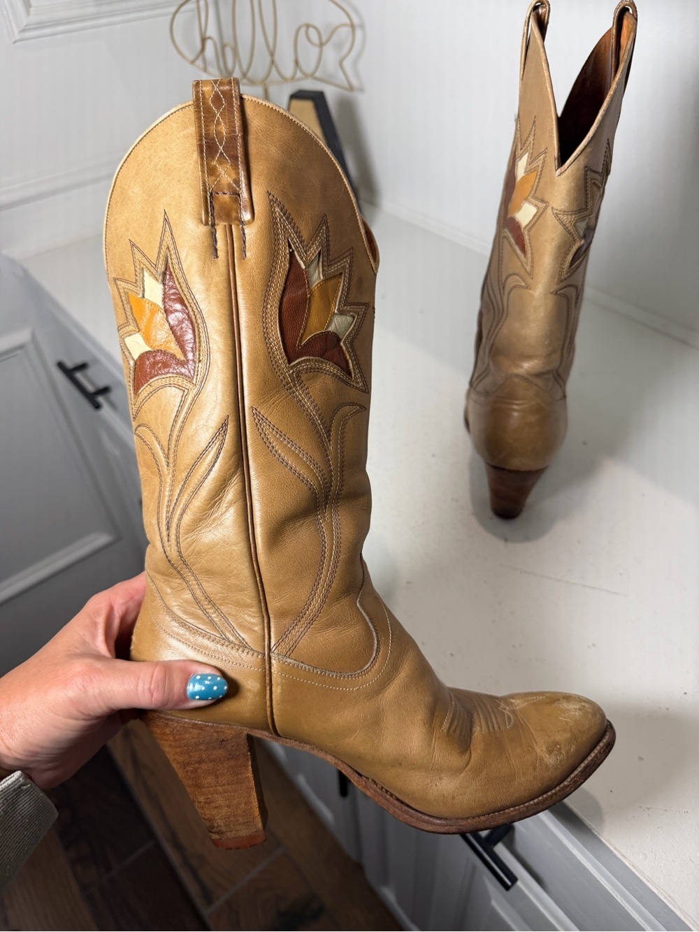 Dan Post Made in Spain Women's 7 Tan Leather Cowboy Boots Vintage Western - Picture 5 of 8
